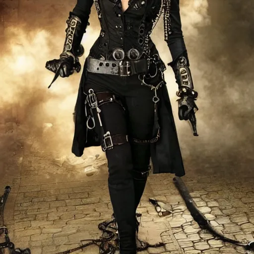 Prompt: full body photo alexandra daddario as a steampunk rogue