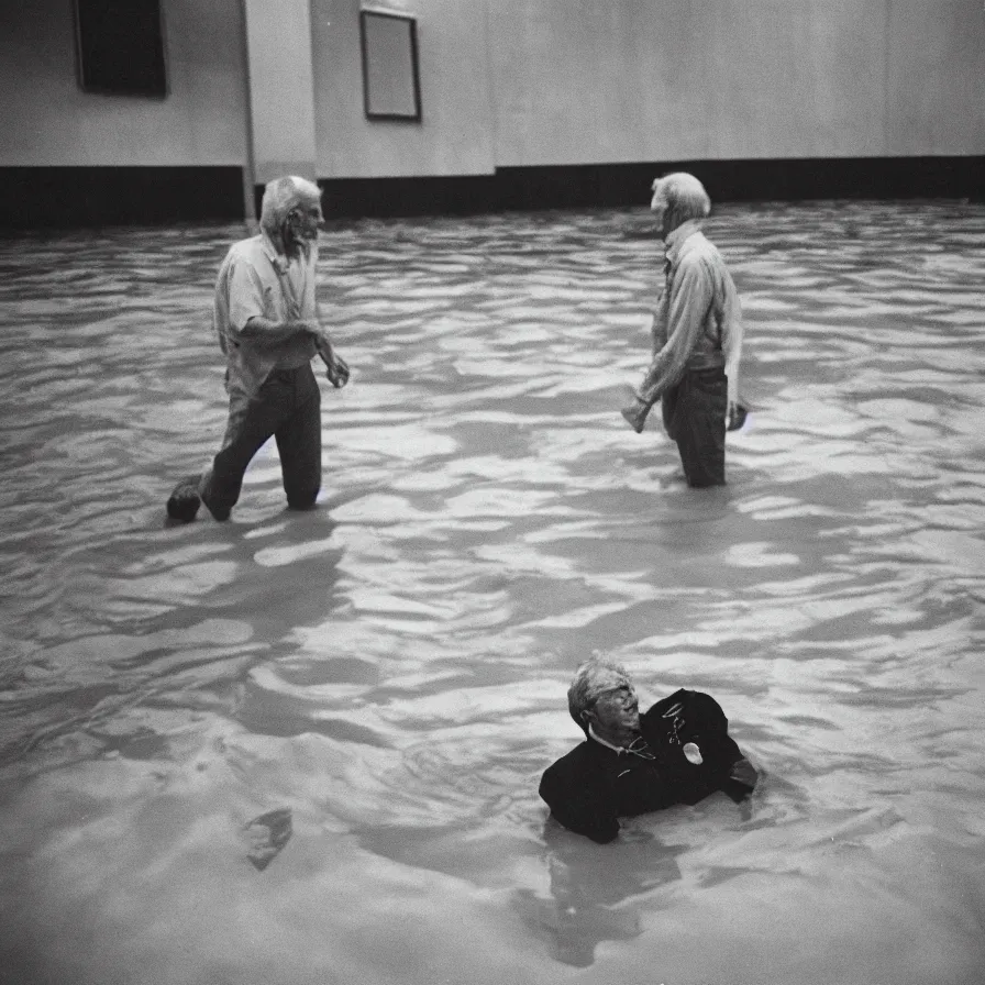 Image similar to 7 0 s movie still of an old man drowning in an empty soviet ballroom flooded in hands, cinestill 8 0 0 t 3 5 mm, heavy grain, high quality, high detail