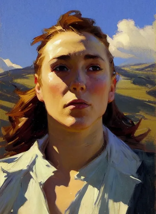 Image similar to Greg Manchess painting of Jules, countryside, calm, fantasy character portrait, dynamic pose, above view, sunny day, thunder clouds in the sky, artwork by Jeremy Lipkin and Giuseppe Dangelico Pino and Michael Garmash and Rob Rey, very coherent asymmetrical artwork, sharp edges, perfect face, simple form, 100mm