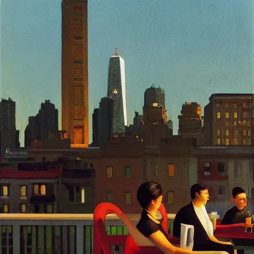 Image similar to a small rooftop with a couple of people sitting and watching the view, wearing black modern clothes, modern shanghai bund is on the background, sunset, by edward hopper, by gregory crewdson