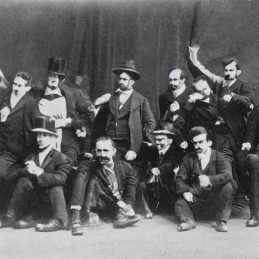 Prompt: a group of victorian gang members throwing gang signs