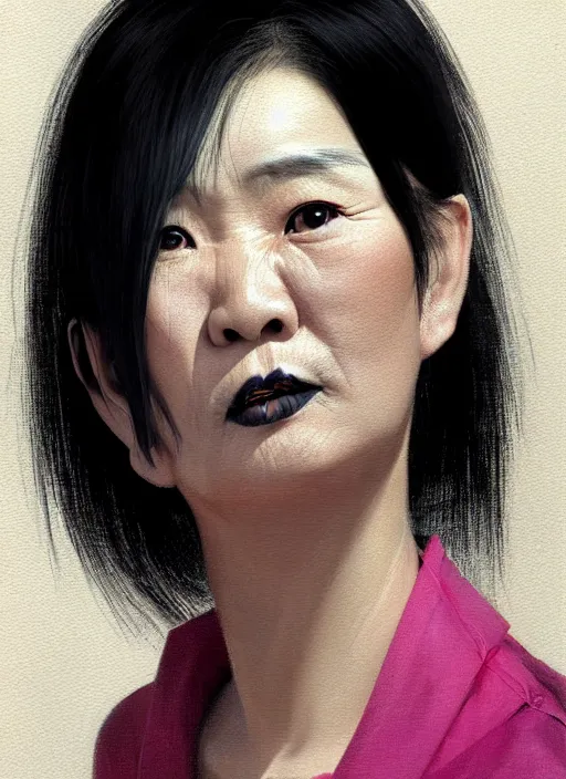 Image similar to portrait of a middle - aged asian woman with a crooked nose and a confident expression, 1 9 6 0 s, black clothes, goth, punk, brightly coloured hair, funk, intricate, elegant, highly detailed, digital painting, artstation, concept art, smooth, sharp focus, illustration, art by wlop, mars ravelo and greg rutkowski