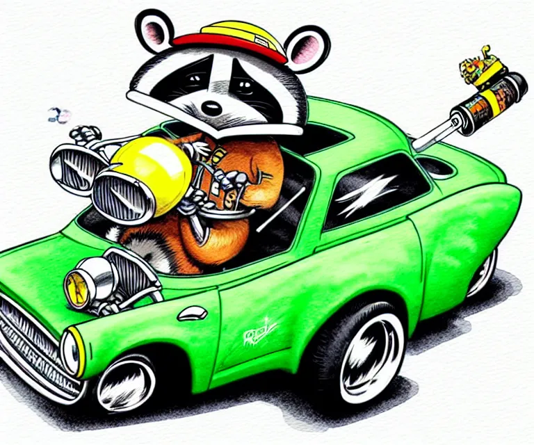 Image similar to cute and funny, racoon wearing a helmet riding in a tiny hot rod coupe with oversized engine while smoking a cigarette, ratfink style by ed roth, centered award winning watercolor pen illustration, isometric illustration by chihiro iwasaki, edited by range murata