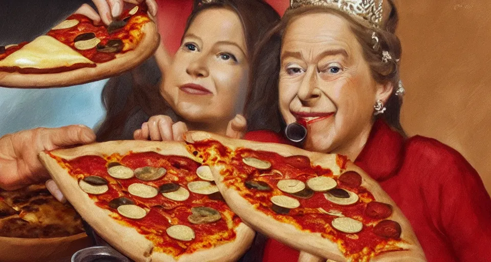 Prompt: the queen eating a pizza, 4k, photorealistic, hyper detailed