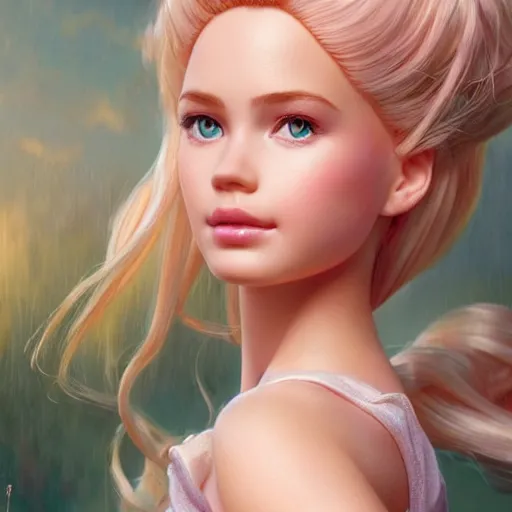 Image similar to a beautiful portrait of barbie ; crisp sharp focus ; ultra realistic, concept art, intricate details, stunning model, highly detailed, photorealistic, octane render, 8 k, unreal engine. art by artgerm and greg rutkowski and charlie bowater and magali villeneuve and alphonse mucha