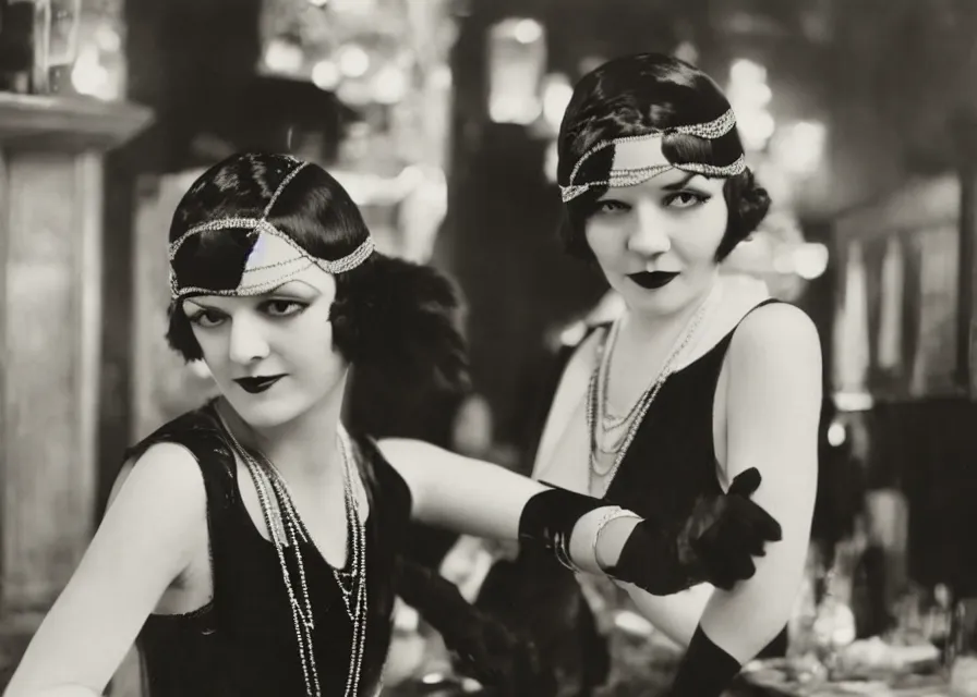 Prompt: a 1 9 2 0 s flapper woman extending her hand in black satin gloves toward the camera, looking at the camera with a smirk, as a jazz party with people dancing is happening in the background behind her in a dimly lit speakeasy, circa 1 9 2 4, depth of field, in the style of edward hopper