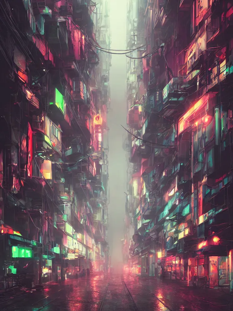 Prompt: neonpunk street, hanging cables, narrow, garbadge on the ground. rain. fog, haze, evening. led screens. very messy. futuristic. photorealistic. artstation. anime