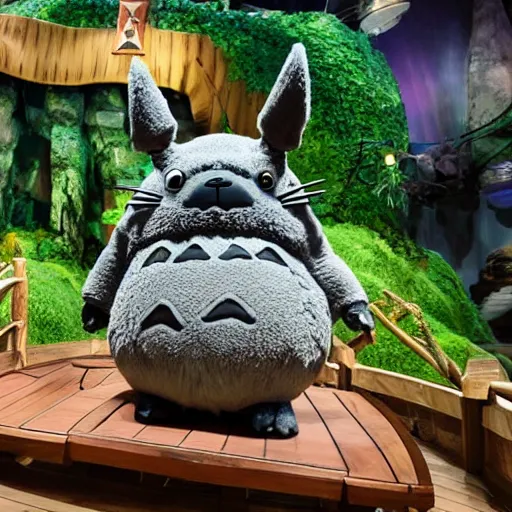 Prompt: photo of a totoro animatronic as part of disney's pirate ride