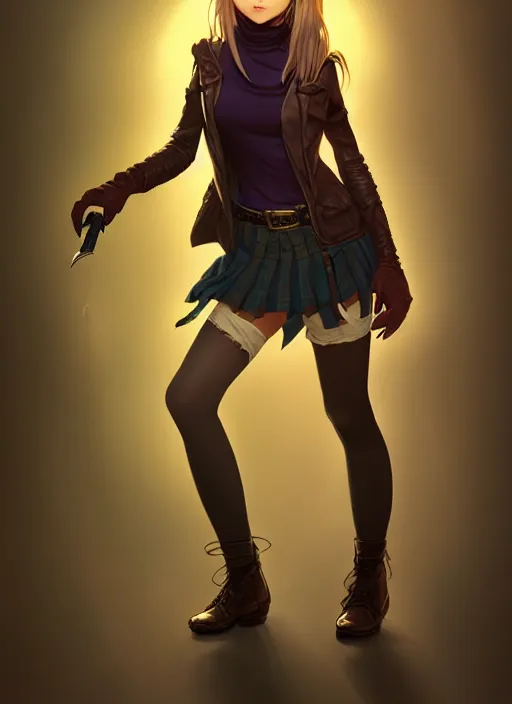 Image similar to portrait of a full body of beautiful young female detective, d & d, sleeveless turtleneck, fantasy, flat lighting, intricate, highly detailed, digital painting, artstation, concept art, smooth, sharp focus, illustration, misa amane, art by simon bisley and greg rutkowski and alphonse mucha, natural tpose