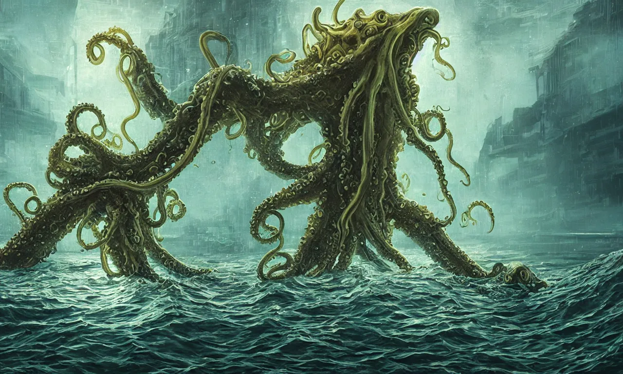 Image similar to Head Mysterious monster Cthulhu in the sea, huge tentacles sticking out of the water, oil on canvas, cold colors, perfect composition, golden ratio, beautiful detailed, photorealistic, digital painting, artstation, concept art, smooth, sharp focus, illustration, cyberpunk background, artstation trending, octane render, unreal engine