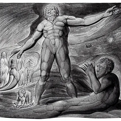 Prompt: disasterpiece days of noah by william blake