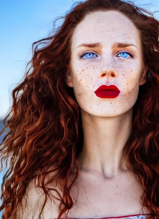 Image similar to close up photo of the left side of the face of a woman with blue eyes and wavy long red-brown hair, red detailed lips and freckles who looks directly at the camera. Slightly open mouth. Whole head visible and covers half of the frame, with a park visible in the background. 135mm nikon. Intricate. Very detailed 8k. Sharp. Cinematic post-processing. Unreal engine. Nanite. Ray tracing. Parallax. Tessellation