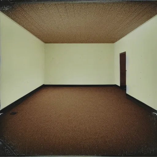 Image similar to a Polaroid photo of an ominous endless space of empty connecting rooms with vanilla colored wallpaper and brown carpet, no windows