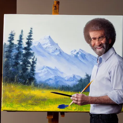 Prompt: a closeup photorealistic photograph of bob ross holding a paintbrush and diligently finishing a canvas painting of massimo bottura. mountains and trees. film still. brightly lit scene. this 4 k hd image is trending on artstation, featured on behance, well - rendered, extra crisp, features intricate detail, epic composition and the style of unreal engine.