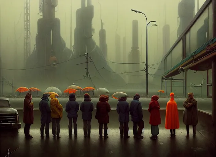 Prompt: waiting in line for cold soup by simon stalenhag and gil elvgren and tom bagshaw, rich vs poor, highly detailed, hyperrealism, dreary, cold, cloudy, grey, smog, high contrast, solarpunk