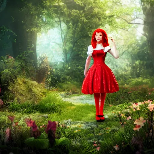 Prompt: red head queen, alice in wonderland theme, disney photo realistic, full body, octane render, 8 k, unreal engine, hd, cinematic lighting