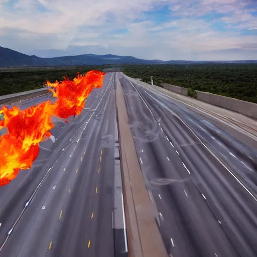 Image similar to professional photograph of donald!! trump!! on the highway firebending cars, dramatization