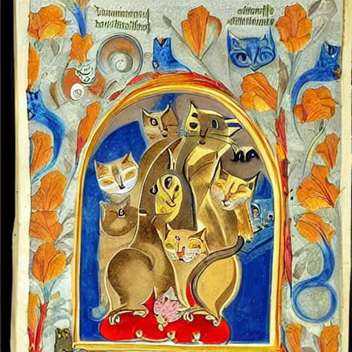 Prompt: illuminated manuscript with cats