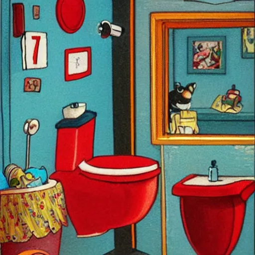 Image similar to photograph of a toilet. the toilet is covered in a painting by richard scarry