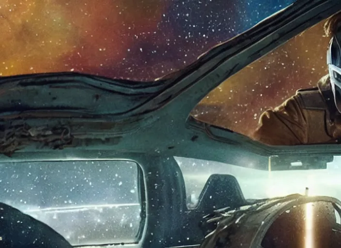 Image similar to a very high resolution image from a new movie, starlord. inside of a car. mountains, falling stars, directed by wes anderson