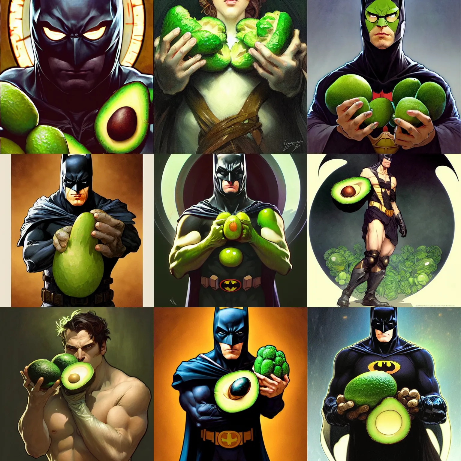 Prompt: digital character concept art by artgerm and greg rutkowski and alphonse mucha. portrait of batman comparing avocado and broccoli, beautiful, holding a stuff, detailed, poster art, light effect, glowing, hyper detail, intricate, elegant, digital painting, artstation, smooth, sharp focus