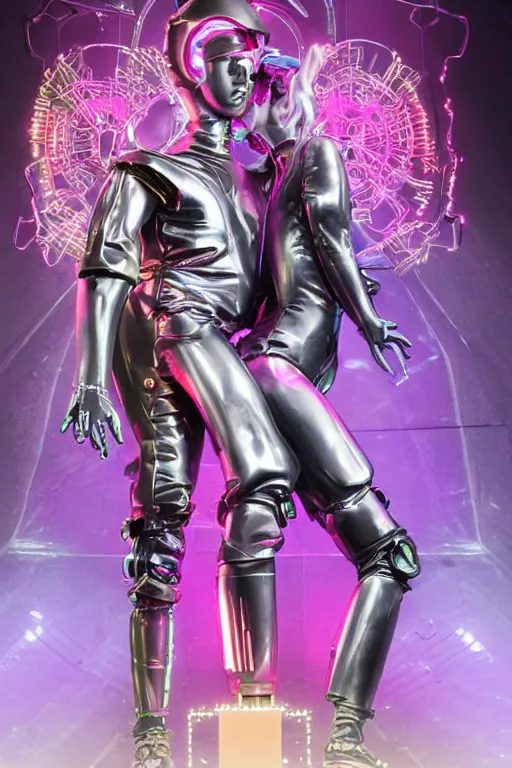 Image similar to full-body rococo and cyberpunk style neon statue of a young attractive futbolero macho dotado e rico android sim roupa reclining con las piernas abertas e la piroca dura, glowing white laser eyes, prince crown of pink gears, diamonds, swirling silver-colored silk fabric. futuristic elements. full-length view. space robots. human skulls. intricate artwork by caravaggio. Trending on artstation, octane render, cinematic lighting from the right, hyper realism, octane render, 8k, depth of field, 3D