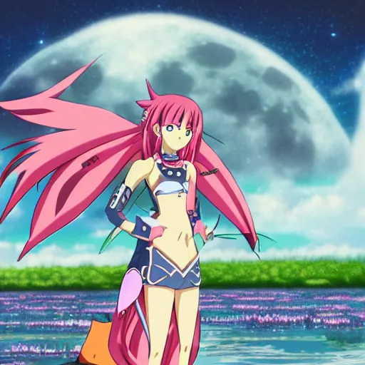 Image similar to sakuyamon from Digimon Tamers in front of the moon by a beautiful lake, sakura petals around her, night time, anime, key art, promo art, Digimon