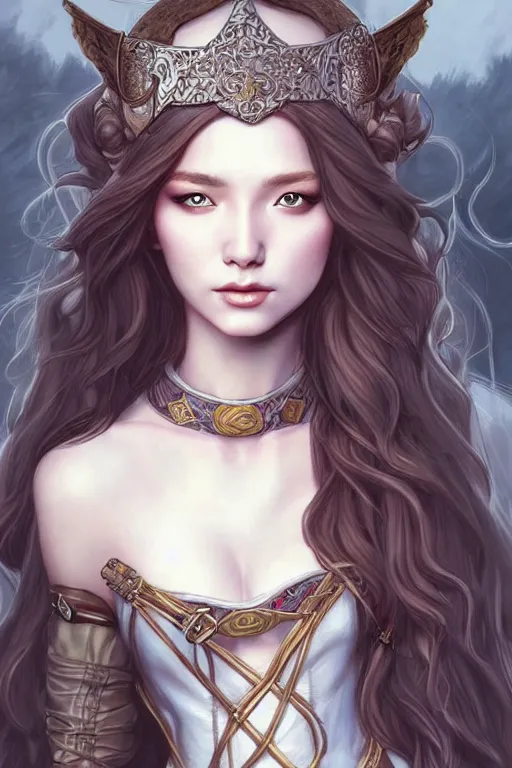 Image similar to lovely medieval maiden with long hair, character portrait, concept art, intricate details, highly detailed photorealistic portrait in the style of adam hughes, seseon yoon, artgerm and warren louw