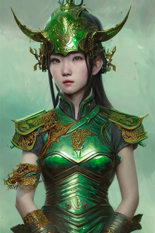 Image similar to portrait young knights of Dynasty Warriors girl, metallic green armor, in ruined hǔ láo guān, ssci-fi and fantasy, intricate and very beautiful and elegant, highly detailed, digital painting, artstation, concept art, smooth and sharp focus, illustration, art by tian zi and WLOP and alphonse mucha