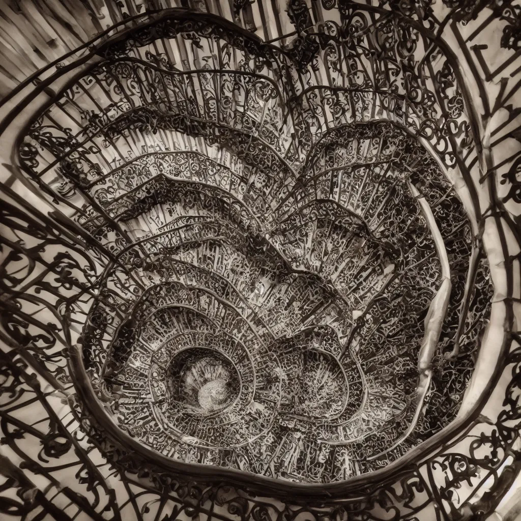 Prompt: movie still, grand spiral staircase going down deep in a dark hole, baroque, by gaudi, dramatic volumetric cinematic light, chiaroscuro, leica, high quality, high detailed, detailed patterns pop art