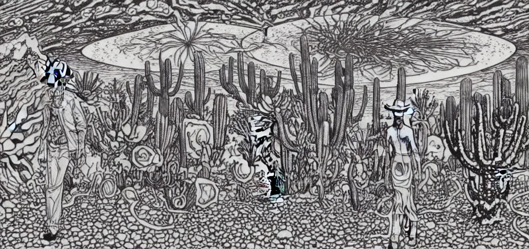 Image similar to A hand drawn digital still of mystical desert with strange ethereal creatures and cactus with a psychedelic night sky, A alien with a sombrero is walking thru the desk drunk drinking a beer in the style of Alex Grey and Moebius, risograph, Artstation HD, 8k, Surrealistic digital artwork,