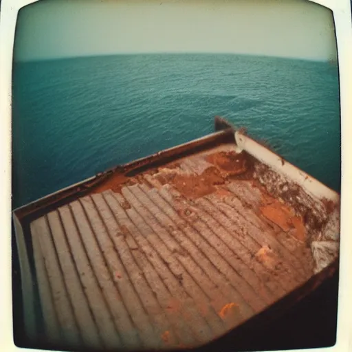 Image similar to a rusty bed at the bottom of the ocean, dark, murky water, underwater, old polaroid, expired film,