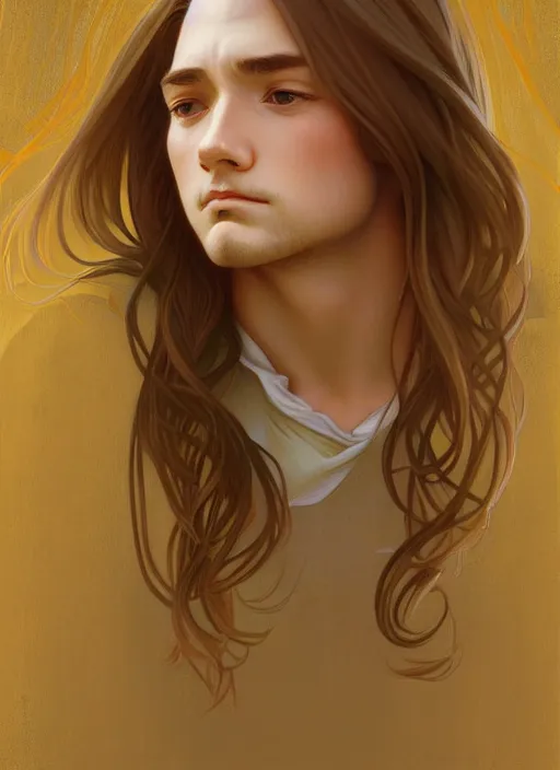 Image similar to pretty young man with shoulder length shiny shimmering golden blond hair, head down, shy, sad, scared, path traced, highly detailed, high quality, digital painting, by studio ghibli and alphonse mucha, leesha hannigan, disney