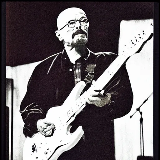 Image similar to walter white electric guitar concert, 1 9 9 0 s camera, film grain