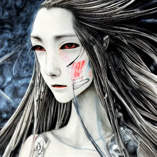 Image similar to Yoshitaka Amano realistic illustration of an anime girl with black eyes, wavy white hair fluttering in the wind and cracks on her face wearing Elden ring armour with engraving, abstract black and white patterns on the background, noisy film grain effect, highly detailed, Renaissance oil painting, weird portrait angle, blurred lost edges, three quarter view