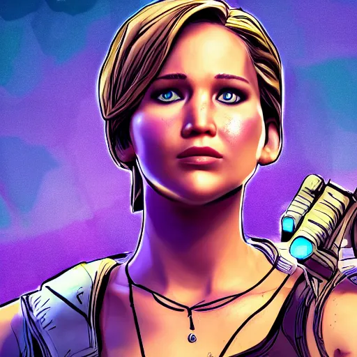 Image similar to jennifer lawrence portrait, borderlands, tales from the borderlands, the wolf among us, comic, cinematic lighting, studio quality, 8 k