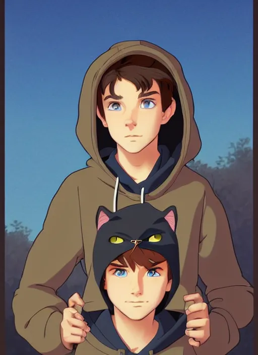 Image similar to teen boy with brown hair and big blue eyes, wearing a black hoodie with cat ears on top of it, natural lighting, path traced, highly detailed, high quality, cartoon, digital painting, by don bluth and ross tran and studio ghibli and alphonse mucha