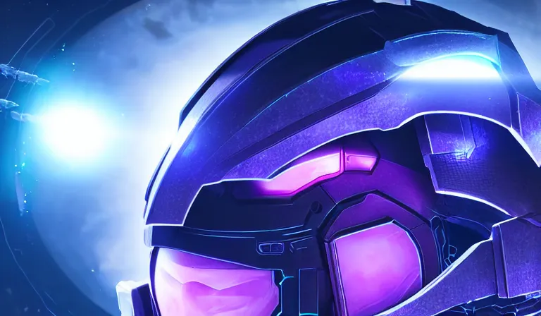 Image similar to cyberpunk halo helmet purple star visor floating in space with reflections, epic, dramatic, photorealistic, award winning, 8k,