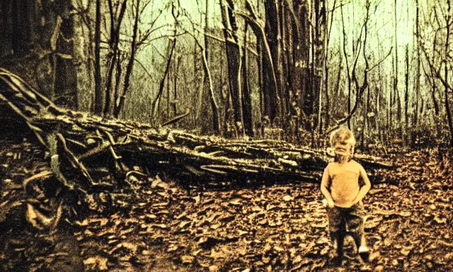 Image similar to kid looking at camera in forest at night, far away from camera, 70s photo, out of focus, motion blur, cctv footage, horror movie, horror lighting, blair witch project, old photo