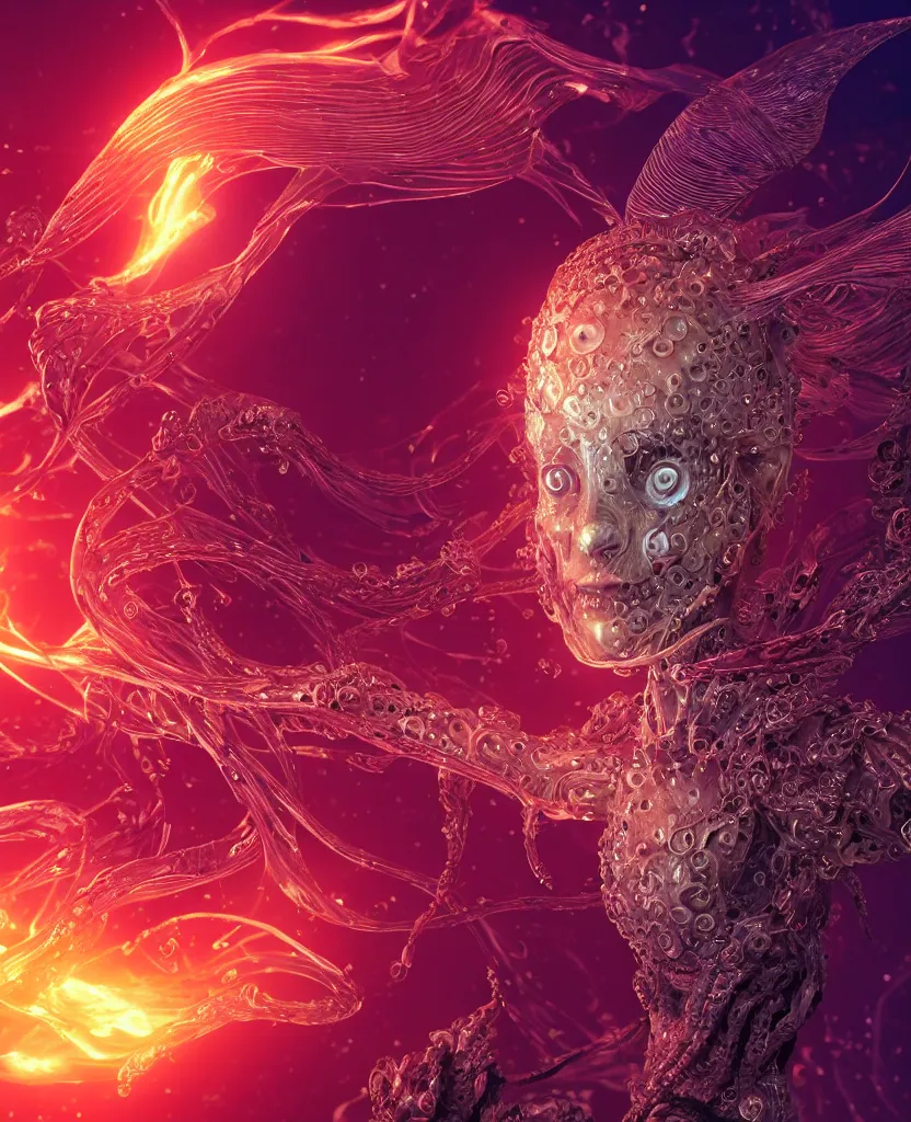 Image similar to close-up macro portrait of the face of a beautiful princess, epic angle and pose, symmetrical artwork, 3d with depth of field, blurred background, cybernetic jellyfish female face skull phoenix bird, translucent, nautilus, energy flows of water and fire. a highly detailed epic cinematic concept art CG render. made in Maya, Blender and Photoshop, octane render, excellent composition, cinematic dystopian brutalist atmosphere, dynamic dramatic cinematic lighting, aesthetic, very inspirational, arthouse. y Greg Rutkowski, Ilya Kuvshinov, WLOP, Stanley Artgerm Lau, Ruan Jia and Fenghua Zhong