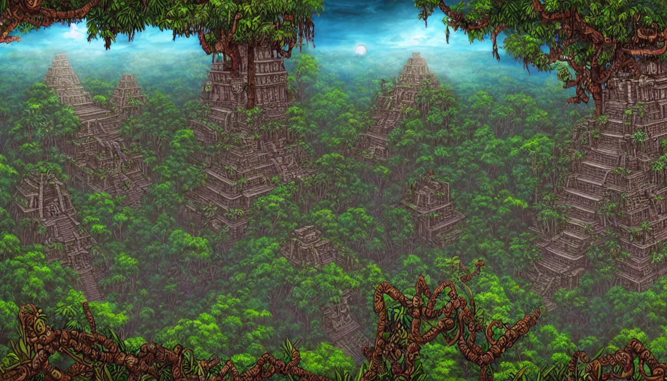 Image similar to way up the tower to the majestic ancient mayan temple jungle forest realm in the clouds , side-scrolling 2d platformer game level, swirling clouds, fantasy jungle vegetation, totem ruins with intricate mayan glyphs, dramatic dusk sun illuminates areas, volumetric light , detailed carved ornaments, rich color, upscale , 8k