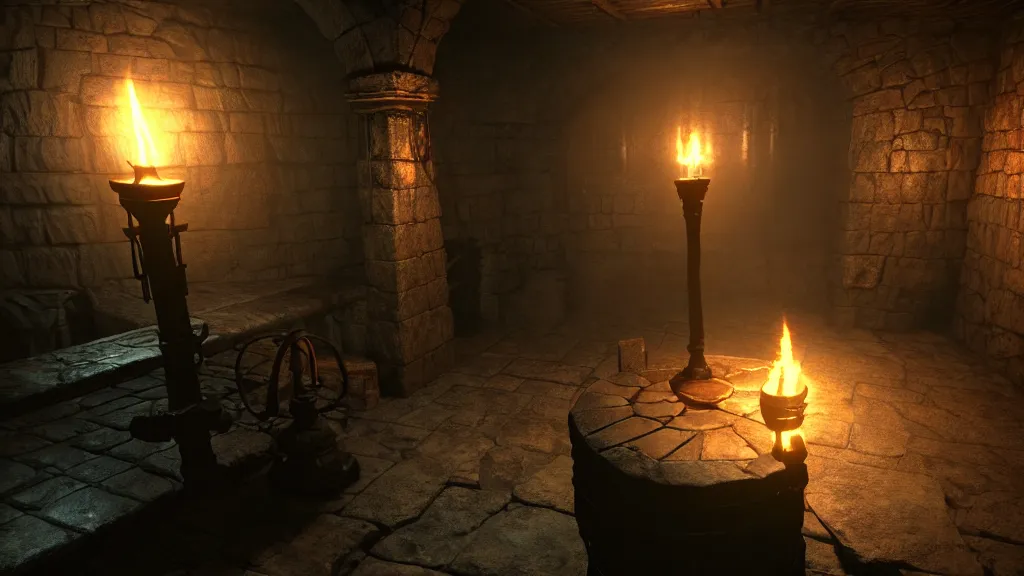 Prompt: delicious torch lit prison dungeon jail cell alchemist light magic atmospheric unreal engine hyperreallistic render 8k character concept art masterpiece screenshot from the video game the Elder Scrolls V: Skyrim moody orange 2700K global illumination