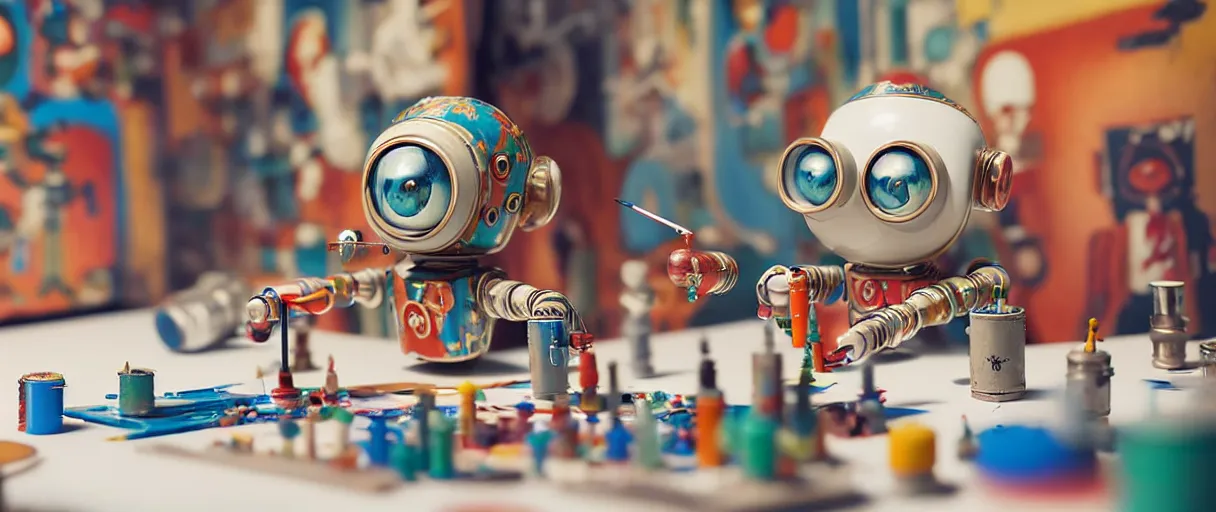 Image similar to closeup portrait of tin toy retro robots painters mixing gouache on white paper table in an artist workshop, depth of field, zeiss lens, detailed, centered, fashion photoshoot, by nicoletta ceccoli, mark ryden, lostfish, breathtaking, 8 k resolution, extremely detailed, beautiful, establishing shot, artistic, hyperrealistic, octane render