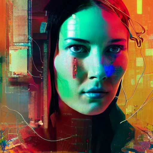 Prompt: olivia munn as a cyberpunk hacker, with wires and bandages, machines, cybernetic impolants, glitched, photography, marta syrko, julia margaret cameron, painterly, dripping and splashing coloured paint. scumbling, de kooning, craig mullins