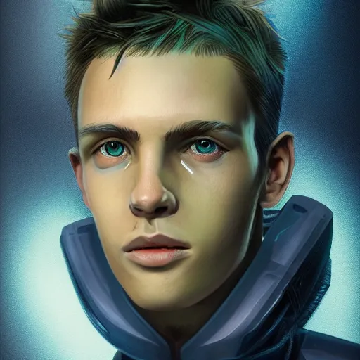 Image similar to Sci fi portrait of a young man by sergeant, moebius, and Thomas Scholes, high detail, trending on artstation