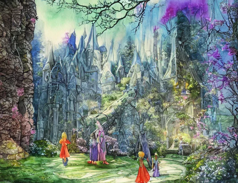 Image similar to futuristic scifi elven castle in springtime. this watercolor painting by the beloved children's book author has interesting color contrasts, plenty of details and impeccable lighting.