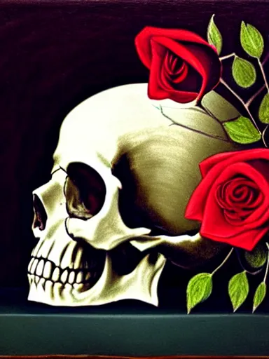 Image similar to still life of a skull, roses and a tarantula