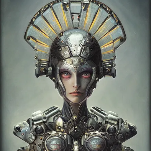 Prompt: ultra realist soft painting of a single attractive gynoid female sillicon skin armored, curiosities carnival, symmetry accurate features, very intricate details, focus, curvy, artstyle Hiraku Tanaka and Tom Bagshaw, award winning