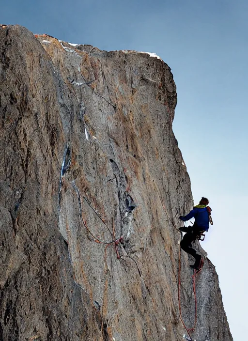 Image similar to telelens shot of a mountain climber free soloing a very steep mountain made up entirely out of french fries, sports photo,