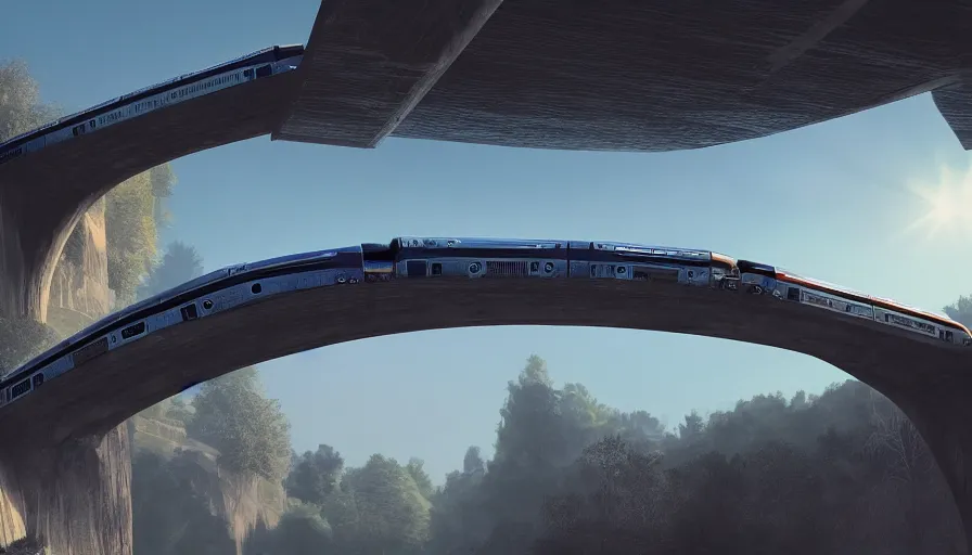 Prompt: futuristic train driving under aqueduct, green hills, matte painting, artstation, sunrise, blue sky, drone view